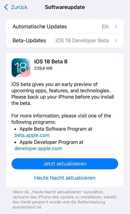 积石山苹果手机维修分享苹果 iOS / iPadOS 18 开发者预览版 Beta 8 发布 